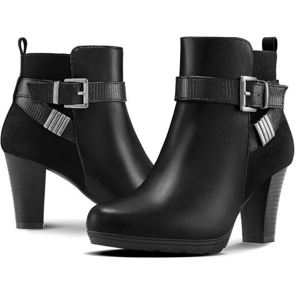 mysoft Women's Wide Width Ankle Boots Chunky Strap Buckle Booties with Zipper - Picture 5 of 7
